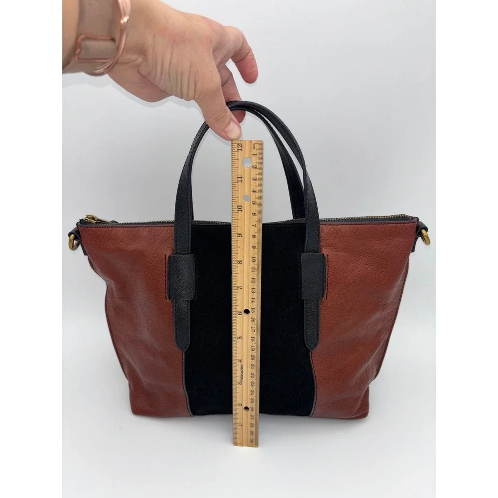 FOSSIL Satchel Brown Leather Handbag Bag‎ Black Suede Skylar RARE Brass Y2K